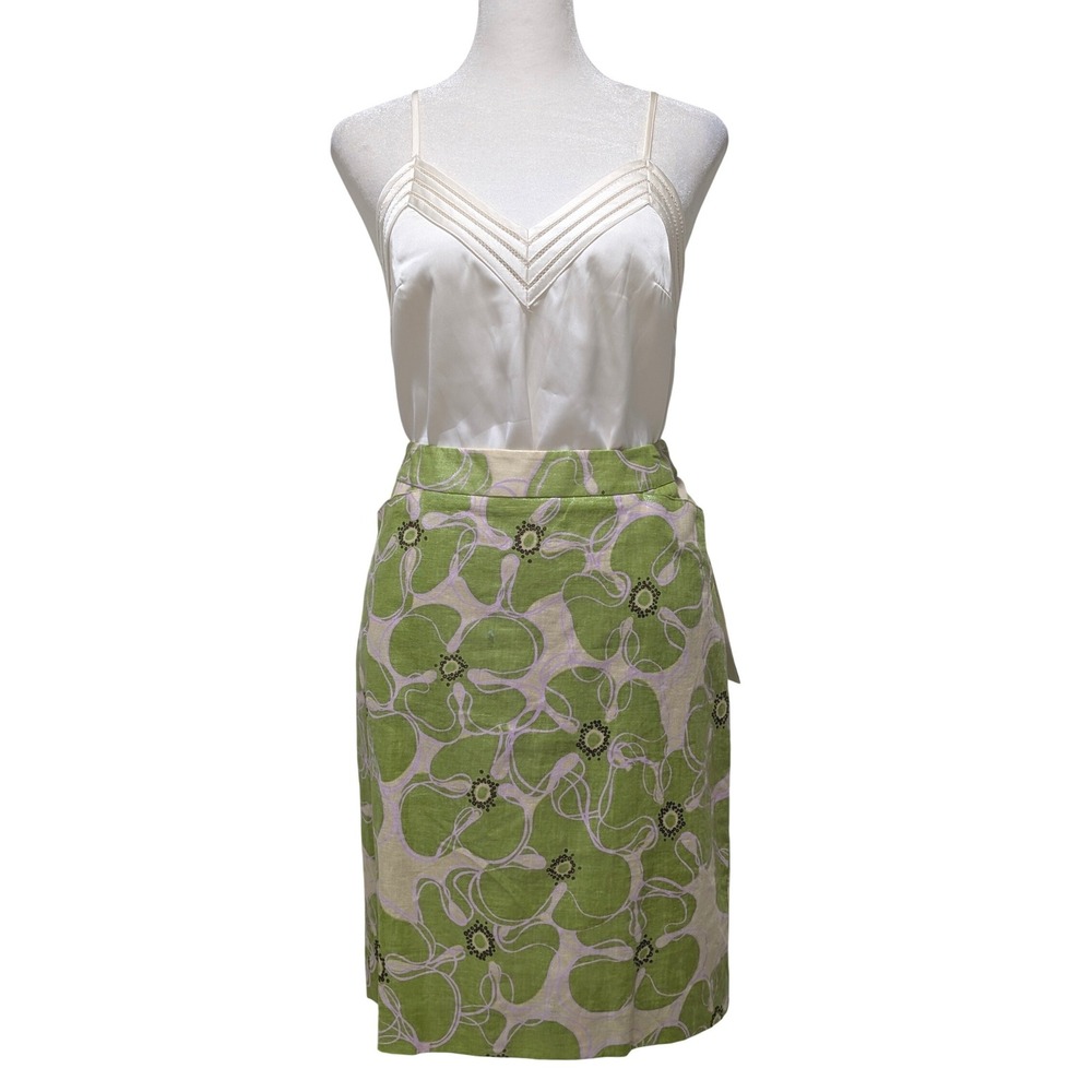 NWT Perry Ellis Apple Green Floral Linen Blend Metallic Pencil Skirt Pockets 6 - Picture 1 of 11